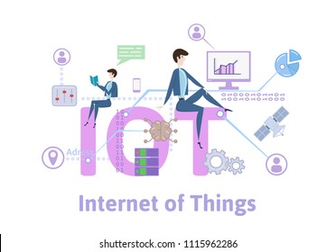 IOT, Internet of things. Concept with keywords, letters and icons. Colored flat vector illustration on white background.