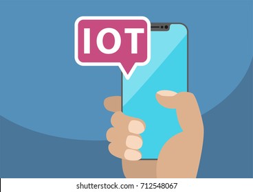 IOT / Internet of Things concept with text displayed on frameless touchscreen. Vector illustration with hand holding bezel-free smart phone