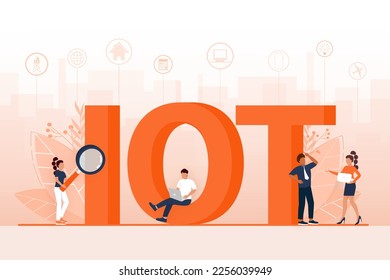 IOT. Internet of things, devices and connectivity concepts on a network, flat style with people. Spider web of network connections. Vector illustrations