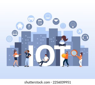 IOT. Internet of things, devices and connectivity concepts on a network, flat style with people. Spider web of network connections. Vector illustrations
