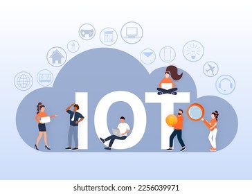 IOT. Internet de cosas, dispositivos y conceptos de conectividad en una red, de estilo plano con las personas. Red araña de conexiones de red. Ilustraciones vectoriales