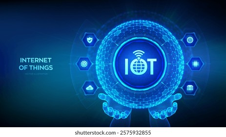 IOT. Internet of things. Everything connectivity device concept network, and business with internet. 3D sphere with surface of hexagons with IOT icon in wireframe hands. Vector illustration.