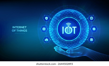 IOT Internet das coisas. Tudo conceito de rede de dispositivos de conectividade e negócios com internet. Esfera 3D com superfície de hexágonos com ícone IOT na mão wireframe. Ilustração vetorial.