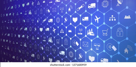 	
IoT (Internet of things ) or Industry 4.0 (industrial internet) banner. Concept and infographic. Connected devices and objects with business automation flow  a blue background. landing page template