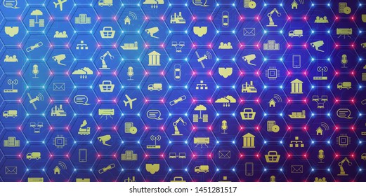 IoT (Internet of things ) or Industry 4.0 (industrial internet) banner. Concept and infographic. Connected devices and objects with business automation flow a blue background. landing page template