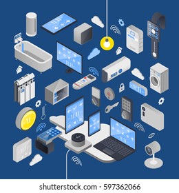 IOT internet of things isometric composition with elements of smart house and technical attributes vector illustration