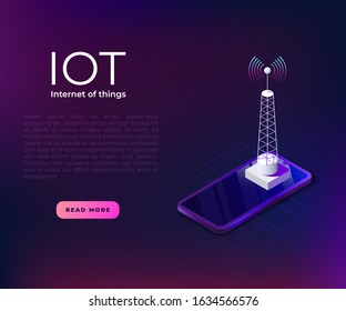 Iot (internet of things) landing page template with communication tower. IOT illustration concept wth isometric phone and telecommunication tower.