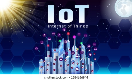 Iot, Internet of Things. Modern city with skyscrapers in icons for smart technologies. Night starry sky with sun and moon. transparent hexagons on background. Realistic horizontal vector, illustration - Powered by Shutterstock - Get 15% off with code: PIKWIZARD15