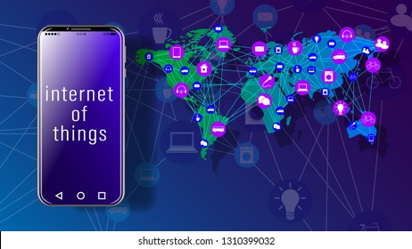 IoT. Internet of Things. Realistic Smartphone and World map with icon scheme. Vector Illustration