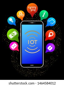 IOT -  Internet of things. Realistic smartphone with colorful mobile app icons like shopping cart, padlock, music, money, light bulb and gears on black background. Wireless network infographic