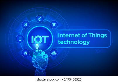 IOT. Internet of Things technology concept on virtual screen. Wireless communication network. Intelligent system automation. Robotic hand touching digital interface. Vector illustration.