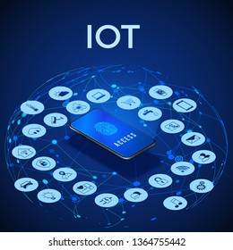 IOT Isometric Concept. Digital Global Ecosystem. Monitoring And Control By Smartphone. Vector Illustration