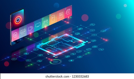 IOT isometric concept. mobile app of smart home controls Internet of things via phone.  House automation system technology.