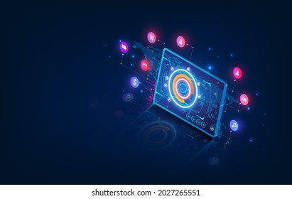 IOT Isometric Concept. Mobile App Of Smart Home Controls Internet Of Things Via Phone And Tablet. House Automation System Technology.