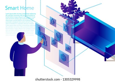 IOT isometric Smart home concept, automatic system technology, control of things via phone.