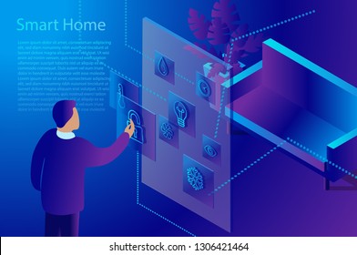 IOT isometric Smart home concept, automatic system technology, control of things via phone.
