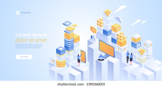 IOT isometric vector concept. Internet of things. Automation system technology. Online devices upload, download information, data in database on cloud services.