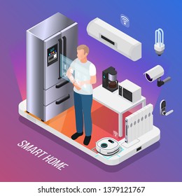 IOT kitchen appliances security camera  isometric composition with owner controlling smart refrigerator with touch display vector illustration