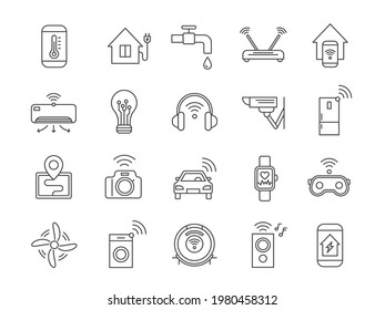 Iot line icons. Internet of things wireless technology, house appliances, car, gadgets and devices. Smart home automation systems vector set. Iot technology, internet gadget wireless illustration