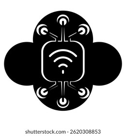 Icono de la red IoT representado por la nube, las ondas del circuito, el estilo relleno negro.