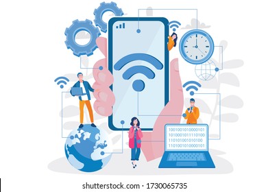 IOT online synchronization. Internet of things. Vector illustration for web banner, infographics, mobile. Connection via smartphone wireless technology. 