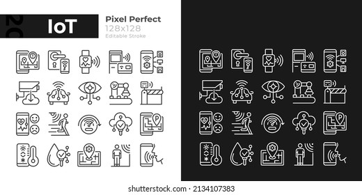 IoT pixel perfect light and dark theme color icons set. Wifi regulation. Internet of Things. Simple filled line drawings. Bright cliparts on white and black. Editable stroke. Quicksand-Light font used