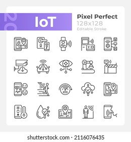 IoT pixel perfect linear icons set. Wifi regulation. Internet of Things. Customizable thin line symbols. Isolated vector outline illustrations. Editable stroke. Quicksand-Light font used