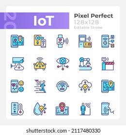 IoT pixel perfect RGB color icons set. Wifi regulation. Internet of Things. Isolated vector illustrations. Simple filled line drawings collection. Editable stroke. Quicksand-Light font used