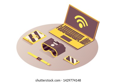 Iot, portable devices vector isometric illustration. Internet of things, cloud computing service, gadgets connected to wifi, telecommunication. Laptop, tablet, smartphone and VR glasses 3d clipart