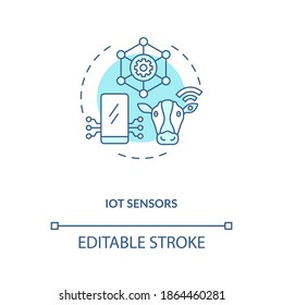 IoT sensors concept icon. Innovative agriculture technology. Animal devices which measure body condition idea thin line illustration. Vector isolated outline RGB color drawing. Editable stroke