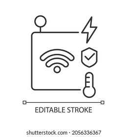 IoT sensors linear icon. Information transmission over wireless network. Smart security system. Thin line customizable illustration. Contour symbol. Vector isolated outline drawing. Editable stroke