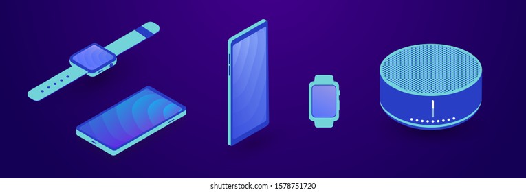 IOT Smart devices gadgets collection set in isometric neon style isolated on dark background. Smartwatch, smart speaker, smartphone iot vector illustration icon