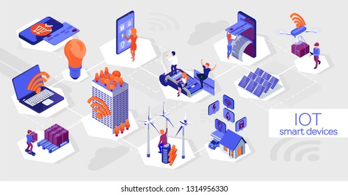 IOT smart devices. Wireless technology. Smart home. Block chain. Alternative energy, pos, smart phone. online purchase, smart logistics. Isometric flat design concept