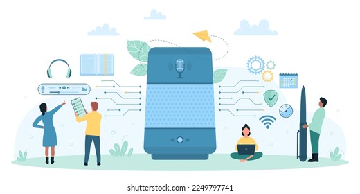 IOT, servicio electrónico inteligente e ilustración vectorial de tecnología de automatización. Dibujo de personas pequeñas usando altavoces para controlar el asistente personal de voz y trabajar con un sistema informático conectado a la red inalámbrica