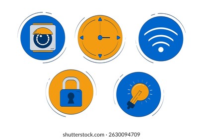 Conjunto de objetos de doodle 2D dos ícones de início inteligentes IoT. Câmera de segurança, relógio, Wi-Fi, bloqueio, elementos de desenhos animados lâmpada cliparts vetor plano isolado no fundo branco. Coleção de ilustrações desenhadas à mão