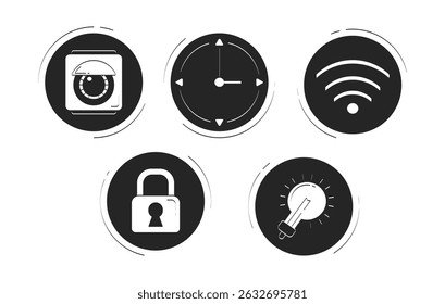 Os ícones de início inteligente da IoT rabiscam objetos lineares definidos. Câmera de segurança, relógio, Wi-Fi, bloqueio, lâmpada 2D vetor contorno clipes desenhos isolados em branco. Coleção de ilustrações de esboço desenhadas à mão