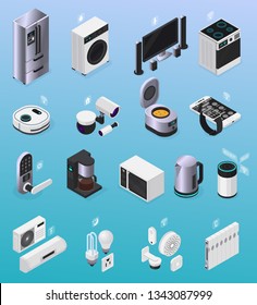 IOT smart home remote controlled electronic devices isometric icons collection with refrigerator tv stove coffeemaker vector illustration