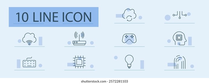 IoT and smart home set icon. Cloud sync, router, gaming controller, AI chip, fingerprint, keyboard, lightbulb, wireless network, automation, connectivity