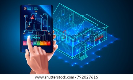 IOT. Smart home system application interface. 3d house plan x-ray. Hand touching on tablet screen. Control locks doors and windows over internet of things with tablet application. Security Home System