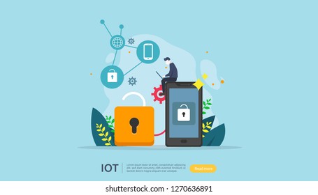 IOT smart house monitoring concept for industrial 4.0. home remote lock technology on smartphone screen app of internet of things. web landing page template, banner, print media. Vector illustration