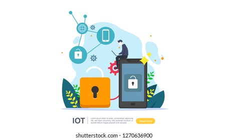 IOT smart house monitoring concept for industrial 4.0. home remote lock technology on smartphone screen app of internet of things. web landing page template, banner, print media. Vector illustration