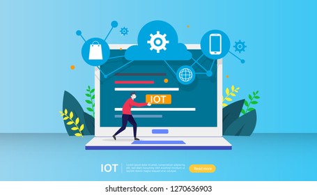IOT smart house monitoring concept for industrial 4.0 home technology on laptop screen of internet of things connected objects. web landing page template, banner, print media. Vector illustration