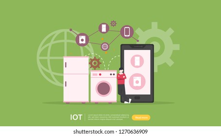 IOT smart house monitoring concept for industrial 4.0. remote appliances technology on smartphone screen app of internet of things. web landing page template, banner, print media. Vector illustration