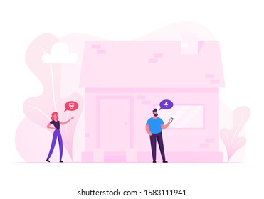 Iot Smart House Monitoring Concept. Man and Woman Stand at House Building Using Remote Appliances Technology on Smartphone. Internet of Things Application Service. Cartoon Flat Vector Illustration