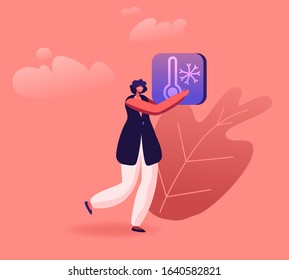 Iot Smart House Monitoring Concept. Remote Appliances Technology, Internet of Things. Young Woman Controlling Temperature Condition at Home Using Modern Mobile App. Cartoon Flat Vector Illustration