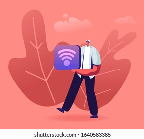 Iot Smart House Monitoring Concept. Man Using Wireless Wifi Connection to Control Home with Internet of Things Application. Remote Appliances Technology Service. Cartoon Flat Vector Illustration