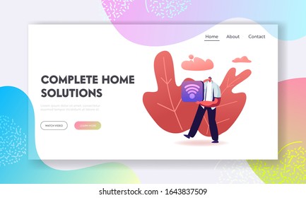 Iot Smart House Monitoring Website Landing Page. Man Using Wireless Wifi Connection to Control Home with Internet of Things Application Technology Web Page Banner. Cartoon Flat Vector Illustration