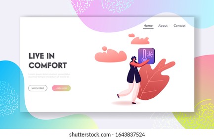 Iot Smart House Monitoring Website Landing Page. Remote Appliances Technology, Woman Controlling Temperature Condition at Home Using Modern Mobile App Web Page Banner. Cartoon Flat Vector Illustration