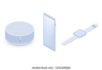 IOT Smart technology wireless gadgets devices 3d concept. Modern iot voice assistant speaker, Smart watch and smartphone closeup vector isometric composition on white background.