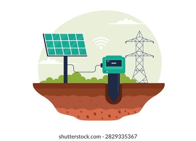 IoT Soil Moisture Sensor Smart Farming Vector Illustration. Flat vector illustration of an IoT soil sensor probe measuring moisture and nutrient levels for smart farming
